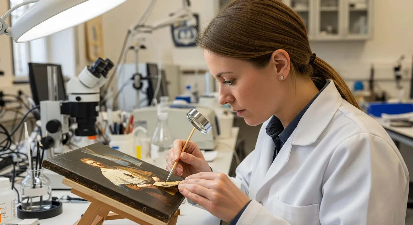 A woman analyzes a painting in a conservation lab.