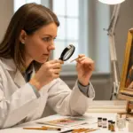 A woman examines a painting in a conservation lab.