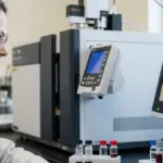 A woman analyzes pigment samples using a gas chromatograph mass spectrometer in a lab.