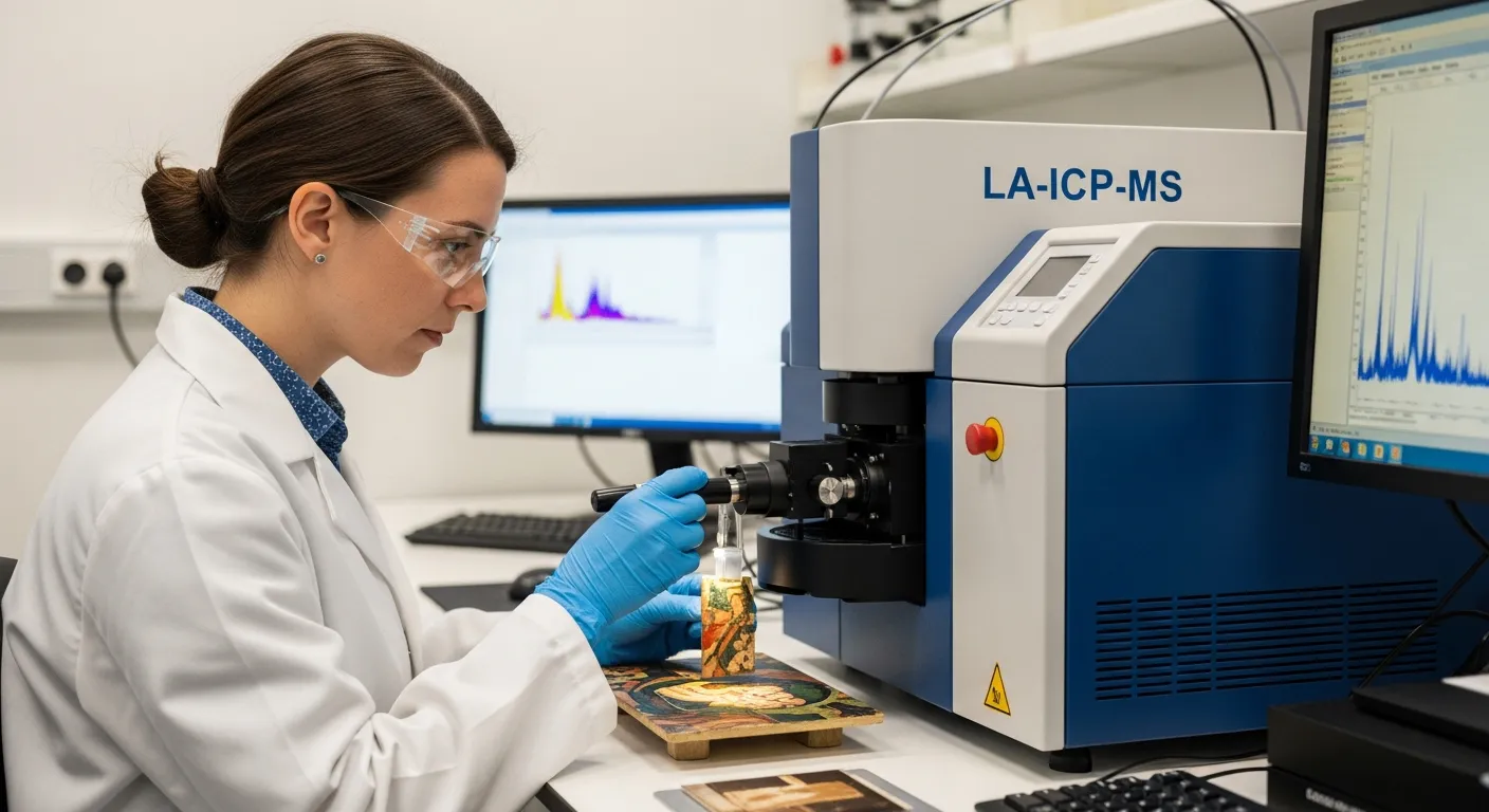 A woman analyzes a pigment sample using a scientific instrument in a lab.