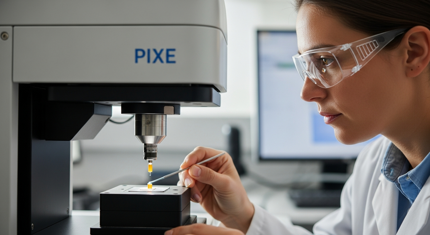 A scientist analyzes pigment using a PIXE instrument in a lab.