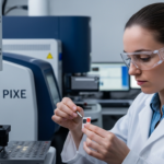 A woman analyzes a pigment sample using a PIXE instrument in a laboratory.