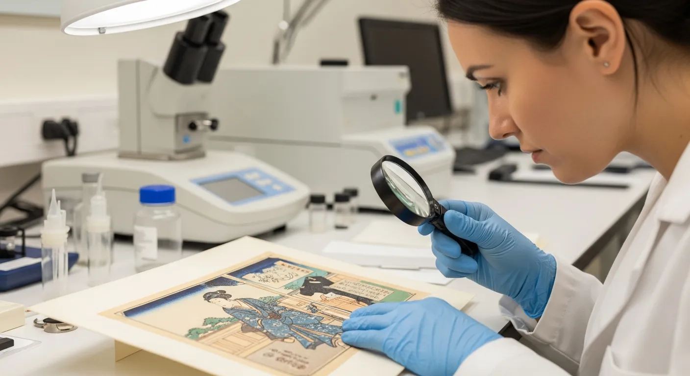 A woman examines a Japanese woodblock print in a lab.