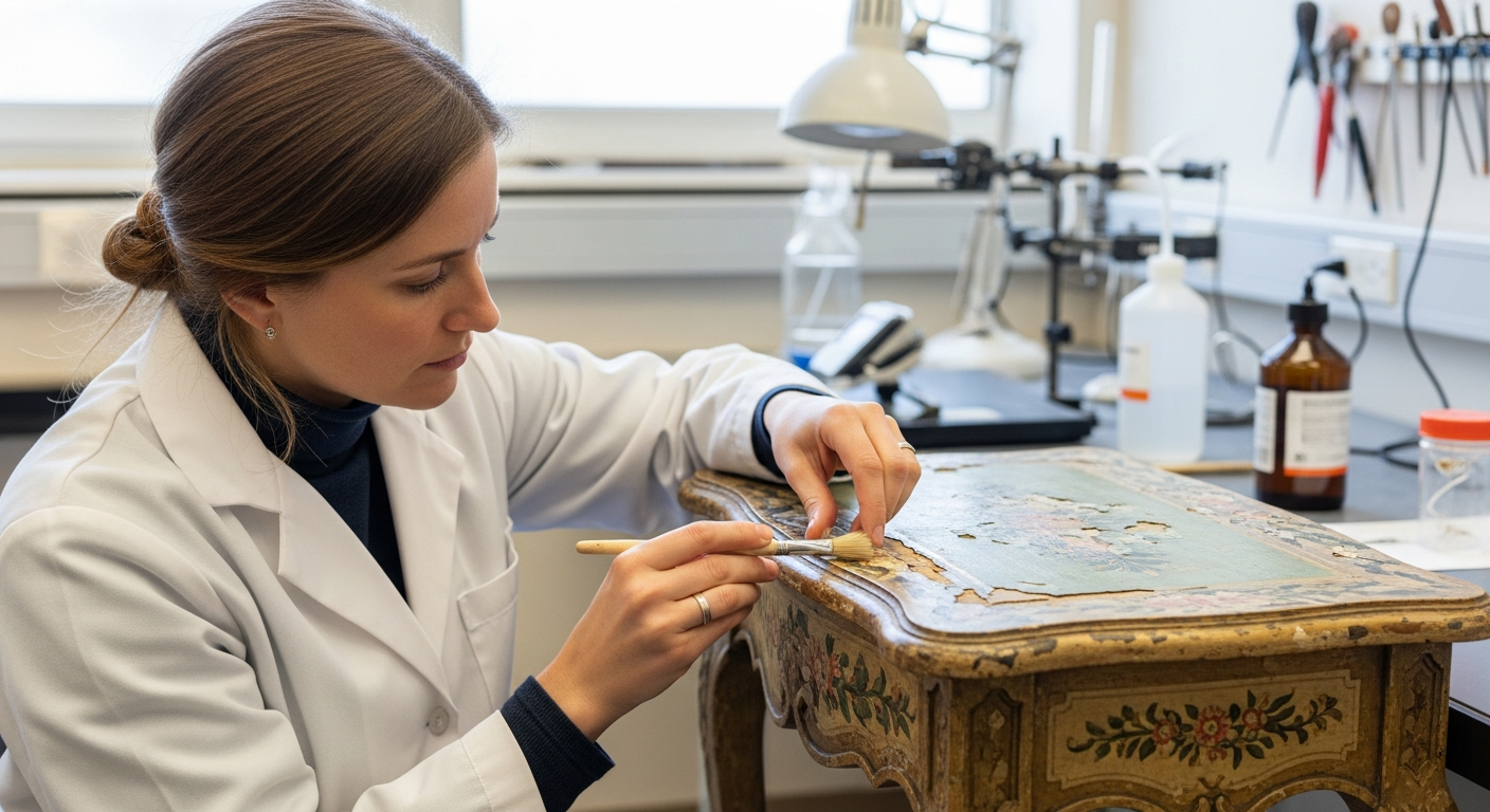 A woman is conserving antique painted furniture in a lab.