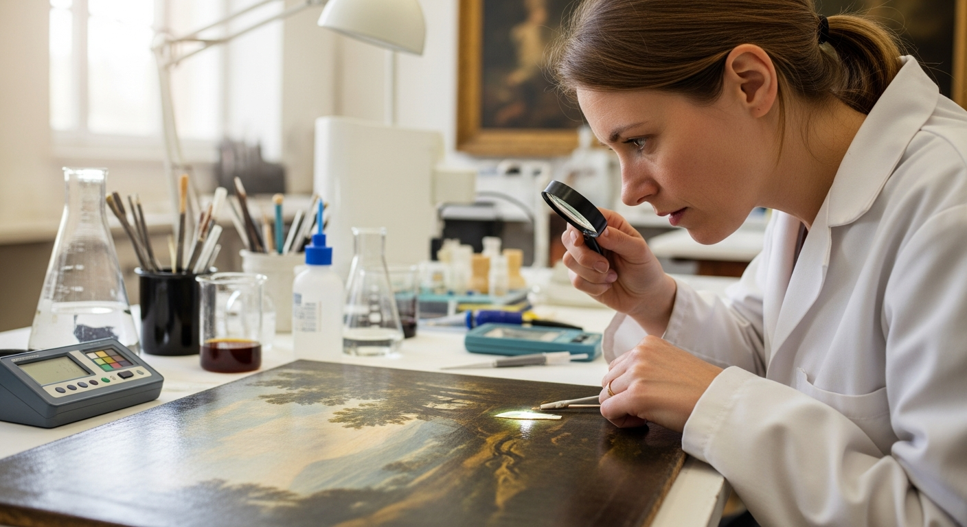 A woman examines an old painting in a conservation lab.