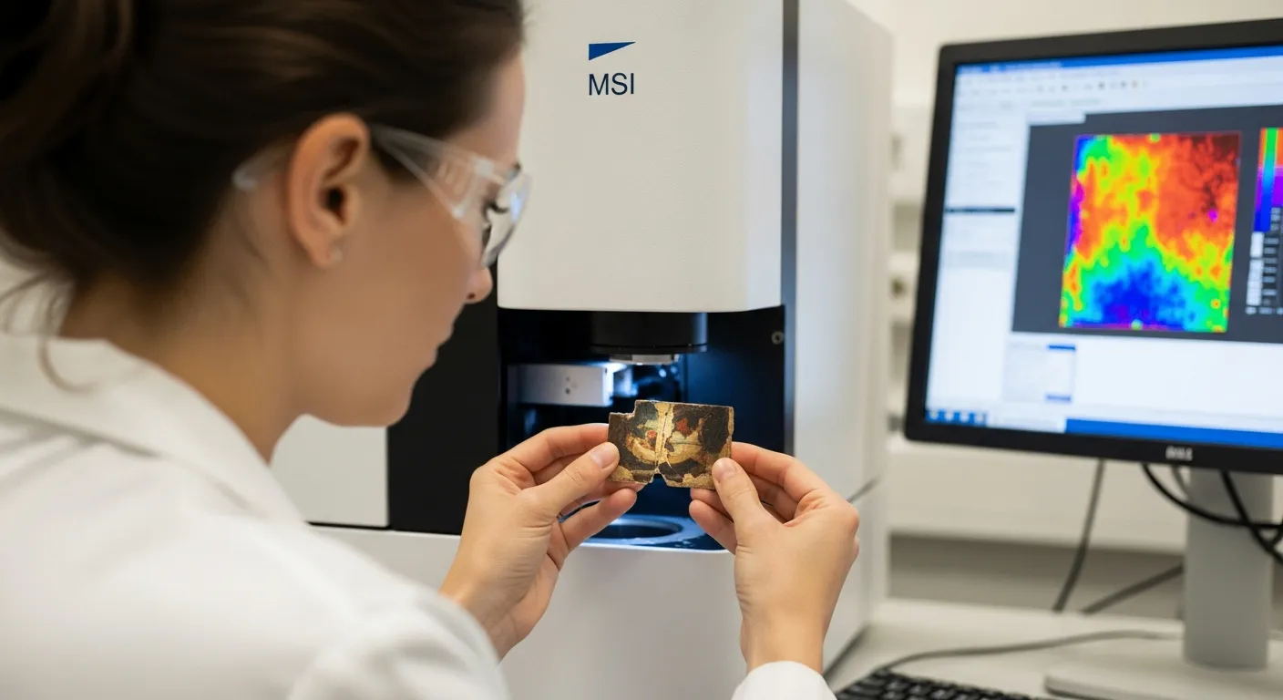 A woman analyzes a painting fragment using mass spectrometry imaging in a lab.