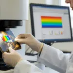 A scientist examines a painting fragment in a lab using mass spectrometry imaging.