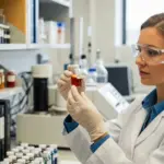 A woman examines pigment samples in a lab