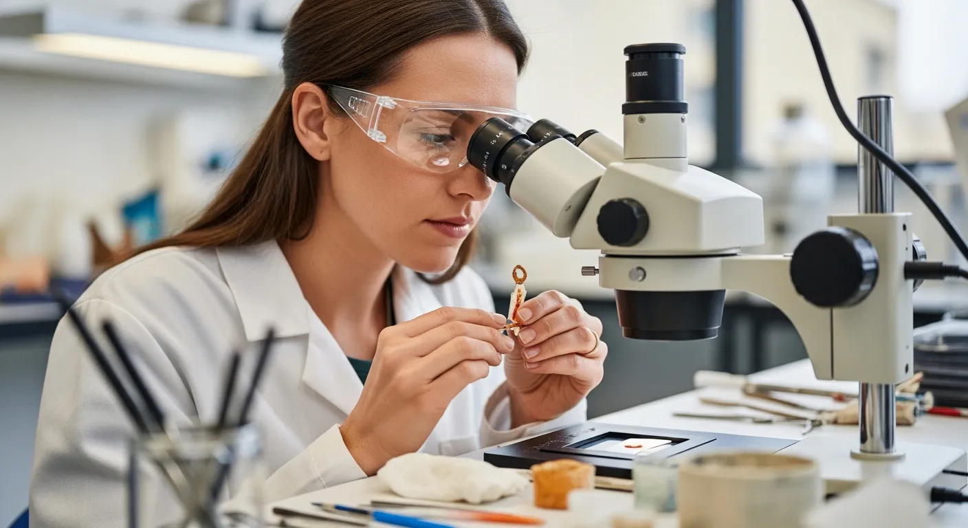 Woman analyzing pigment sample under microscope in lab.