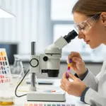 A woman analyzes pigments in a laboratory.