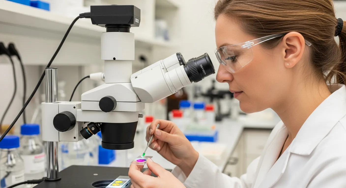 A woman analyzes pigment sample in a lab using a microscope.