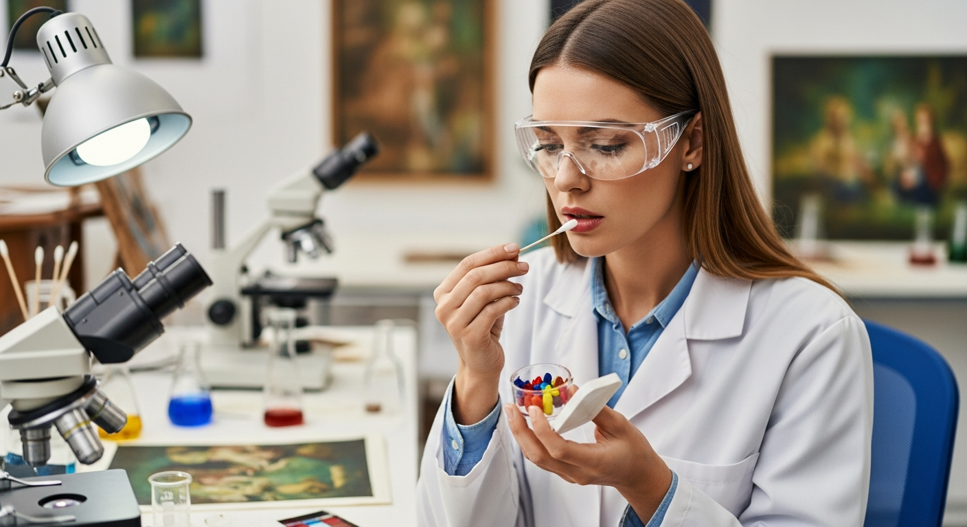 Woman in lab coat examines pigments, appearing concerned about potential ingestion.