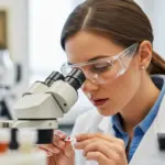 A woman examines pigment under a microscope in a lab.