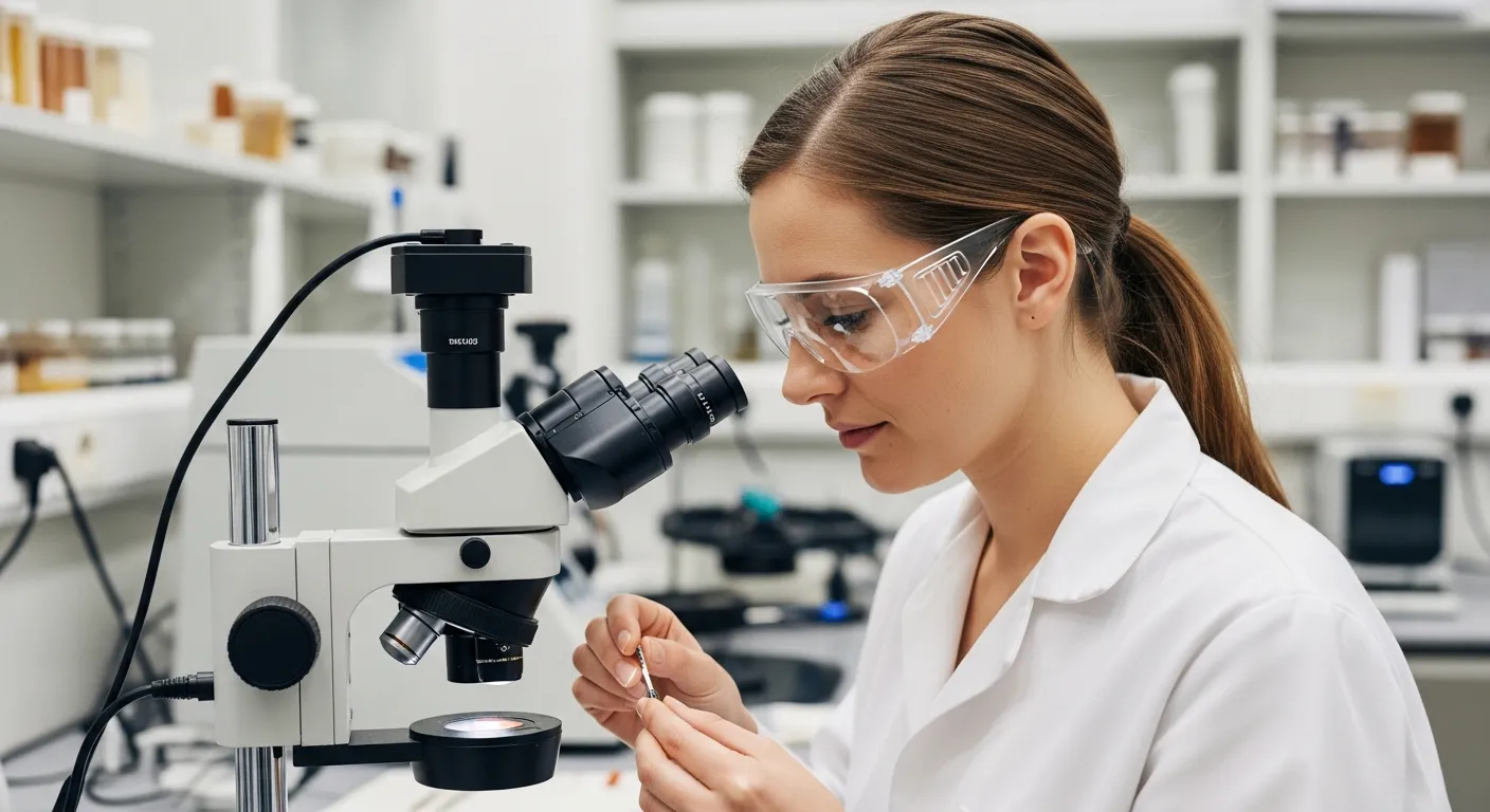 A woman examines pigment under a microscope in a lab