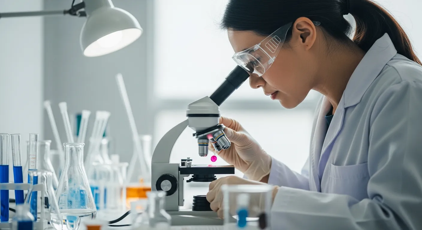 A scientist examines pigment under a microscope in a lab
