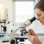 A woman examines pigment under a microscope in a lab.