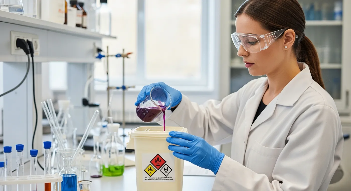 A woman disposes of pigment waste in a laboratory.