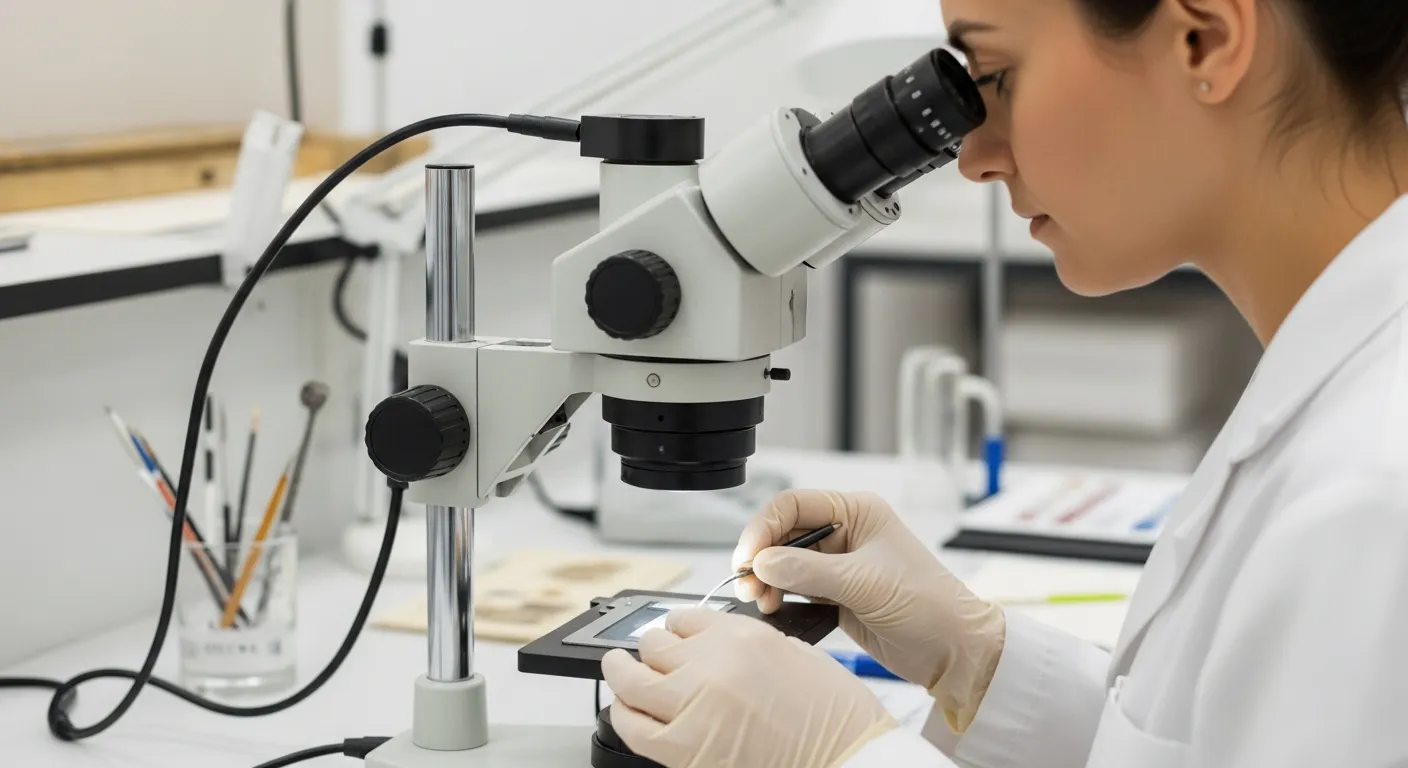 A conservator analyzes a pigment sample under a microscope.