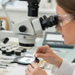 A conservator analyzes a pigment sample under a microscope.
