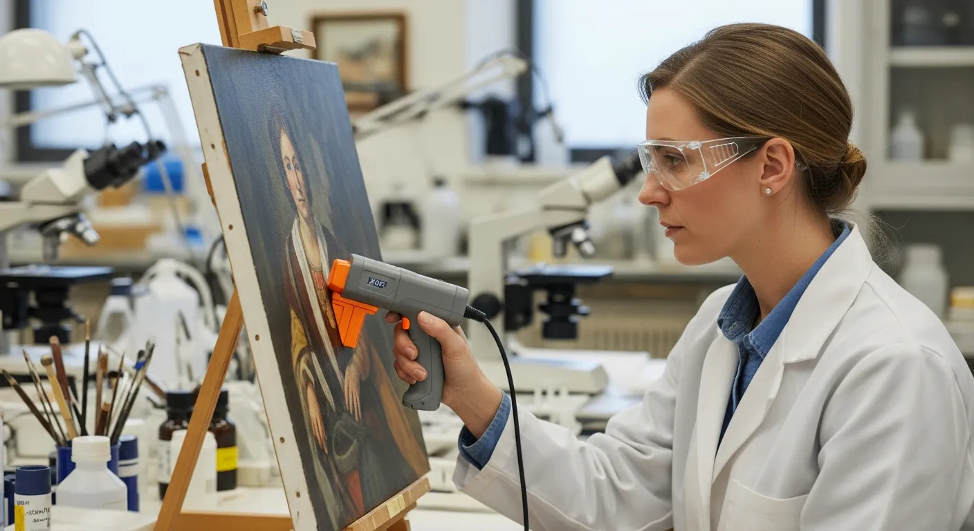 A woman analyzes a painting with a handheld XRF device in a conservation lab.