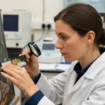 A woman examines a painting with a magnifying glass in a lab.