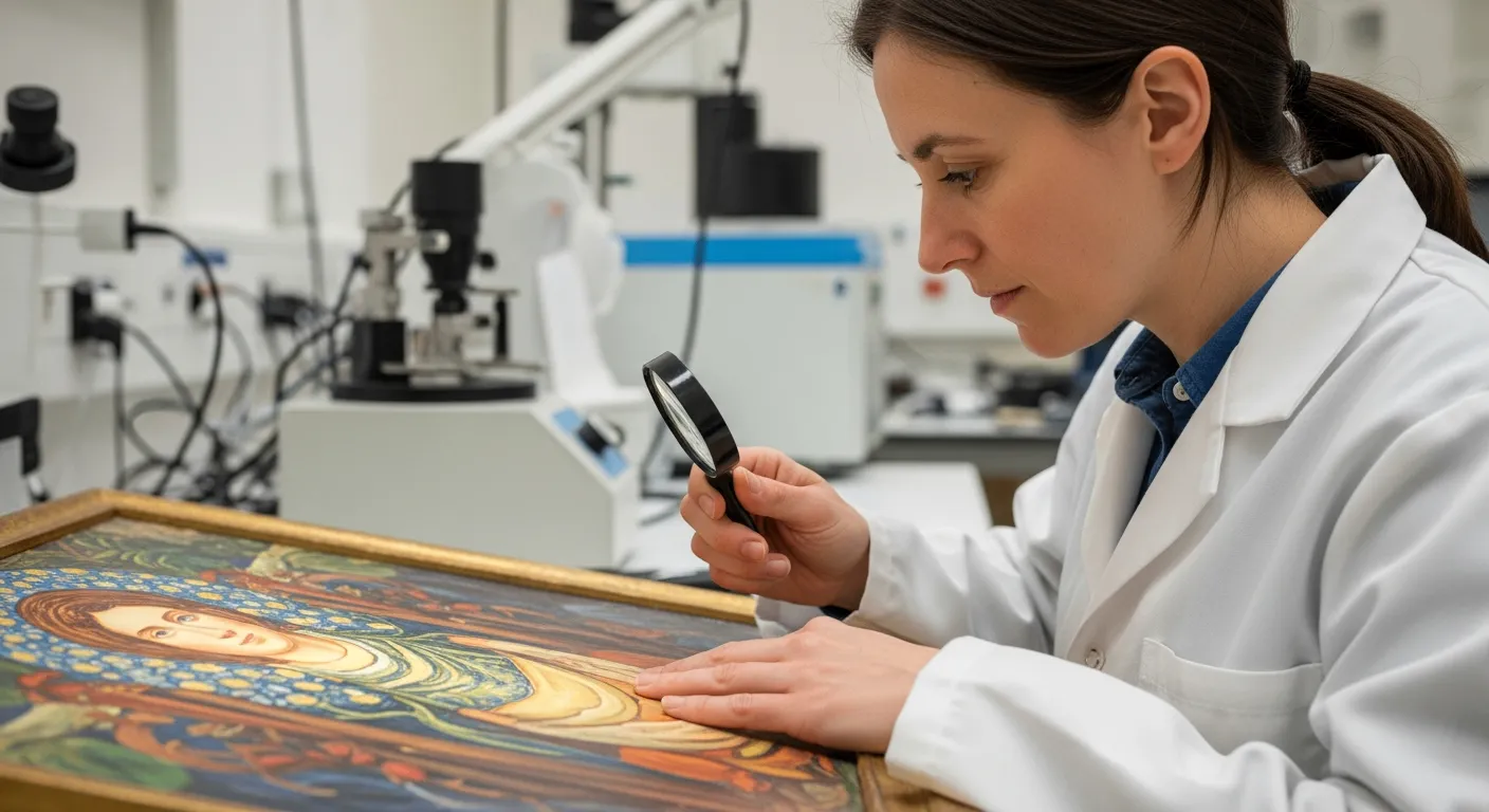 A conservator examines a Pre-Raphaelite painting using a magnifying glass in a lab.