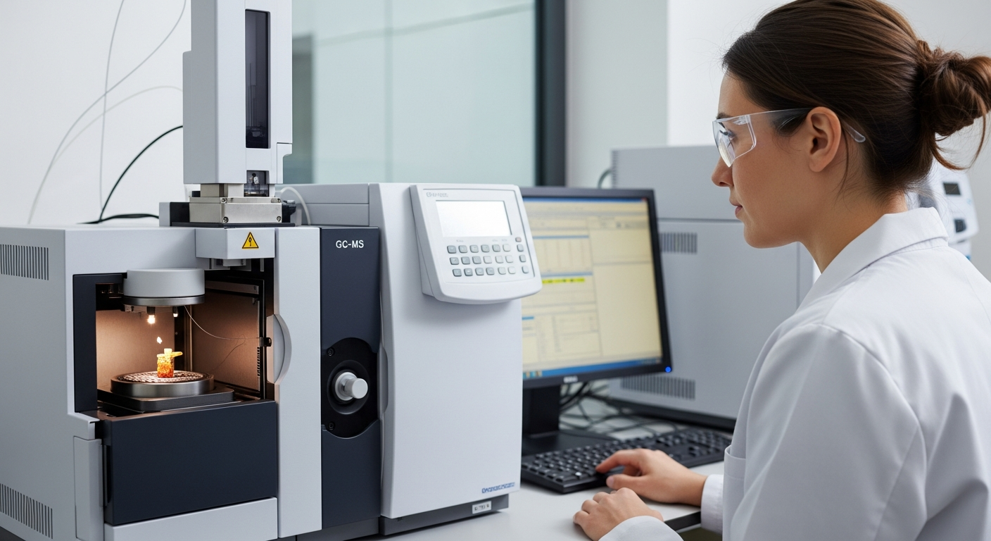 A scientist analyzes a pigment sample using a gas chromatograph mass spectrometer in a lab.