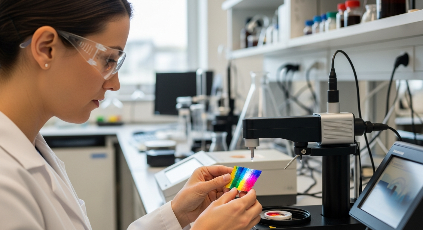 A woman analyzes pigment using Raman spectroscopy in a lab.