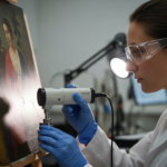 A female scientist analyzes a painting using Raman spectroscopy in a lab.