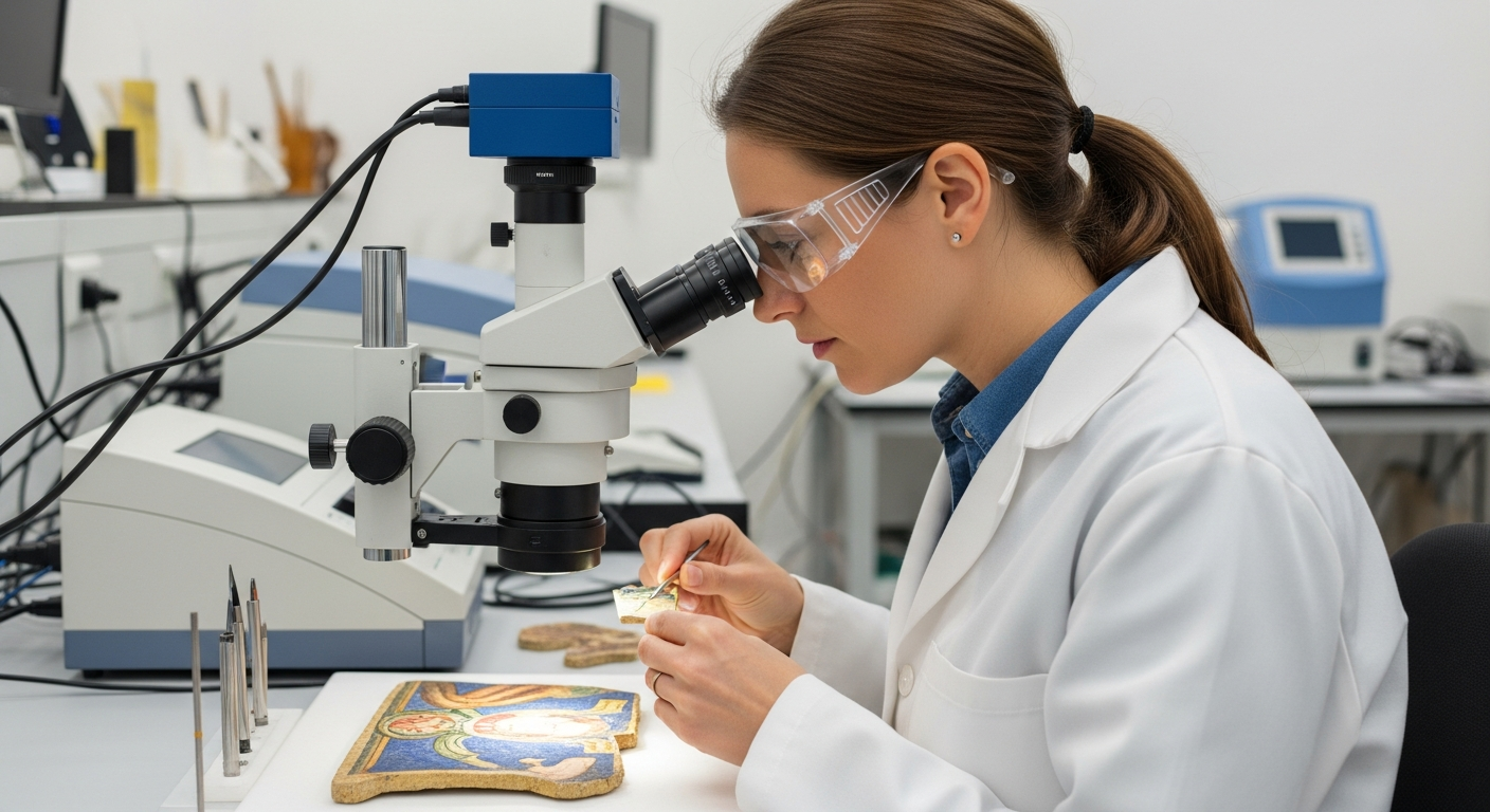 A woman analyzes a fresco fragment in a lab.