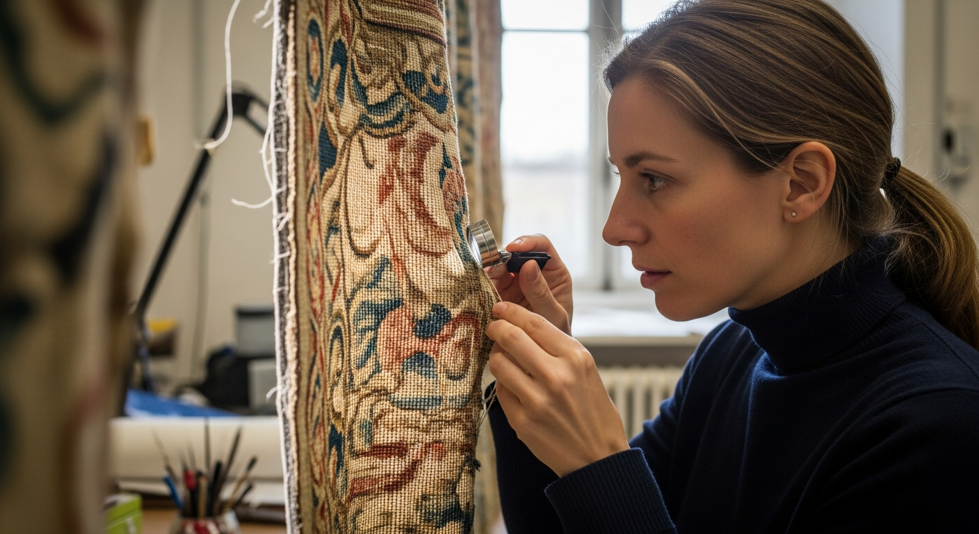 A woman examines a Renaissance tapestry with a magnifying glass.