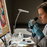 A woman analyzes a Renaissance tapestry in a conservation lab.