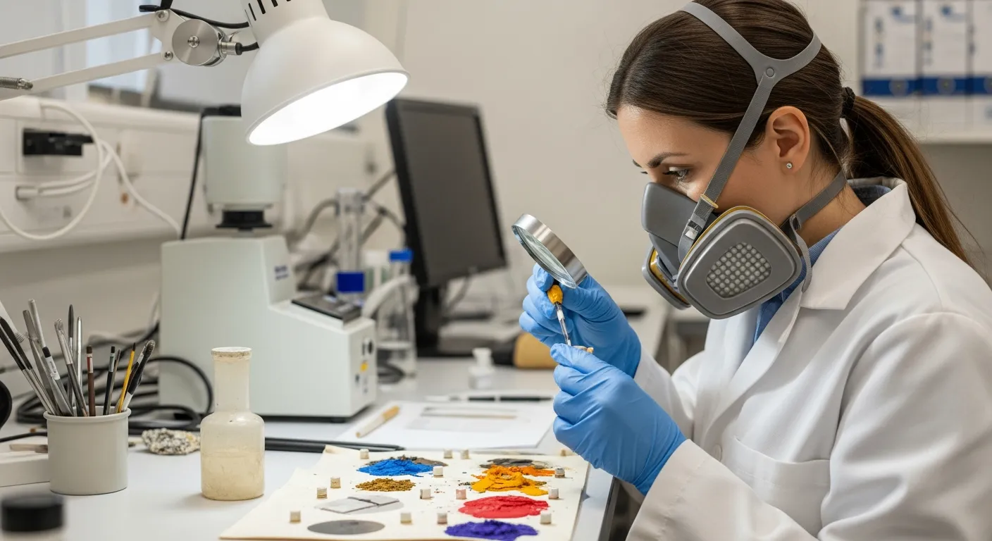 A woman in a lab coat and respirator analyzes historical pigments in a lab.