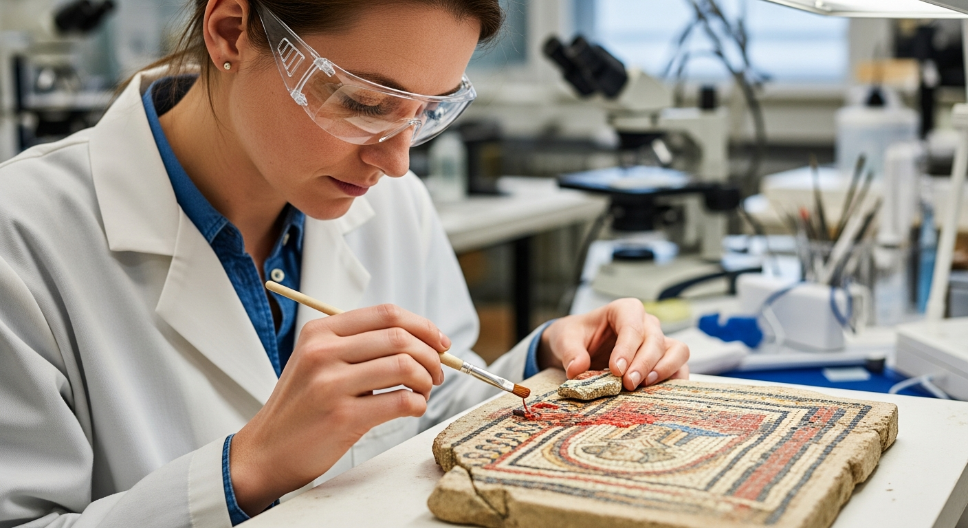 A woman analyzes a Roman mosaic fragment in a lab.