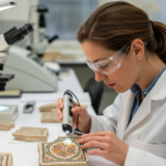 Woman analyzes a Roman mosaic fragment in a lab.