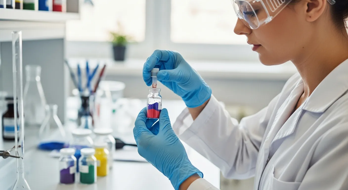 A woman chemist sealing a vial of pigment in a lab