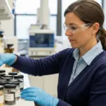 A woman organizes jars of pigments in a lab.