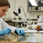 A woman conservator cleans a painting in a lab.