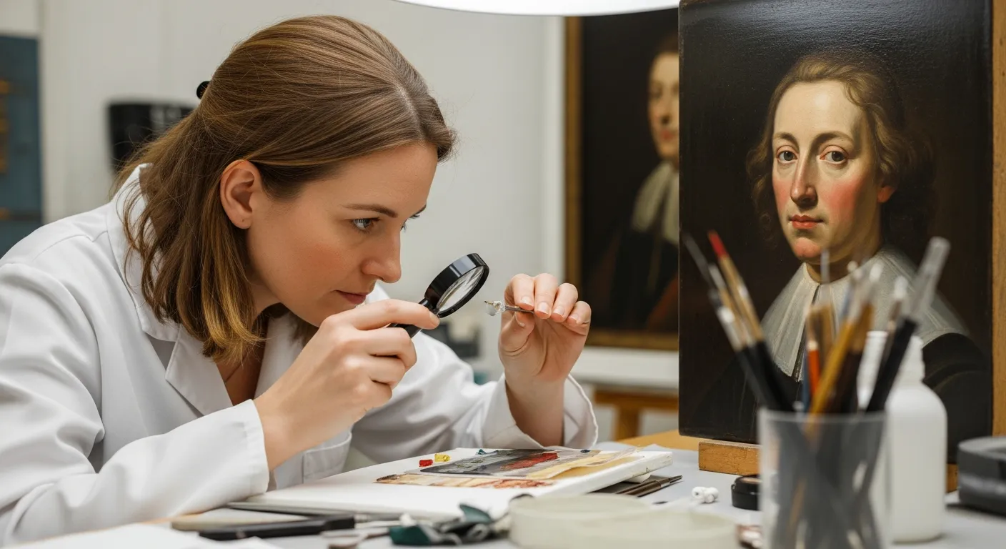 A woman conservator examines a painting in her lab.
