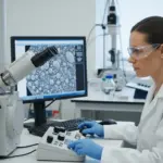 A woman uses a scanning electron microscope to analyze pigment samples in a lab.