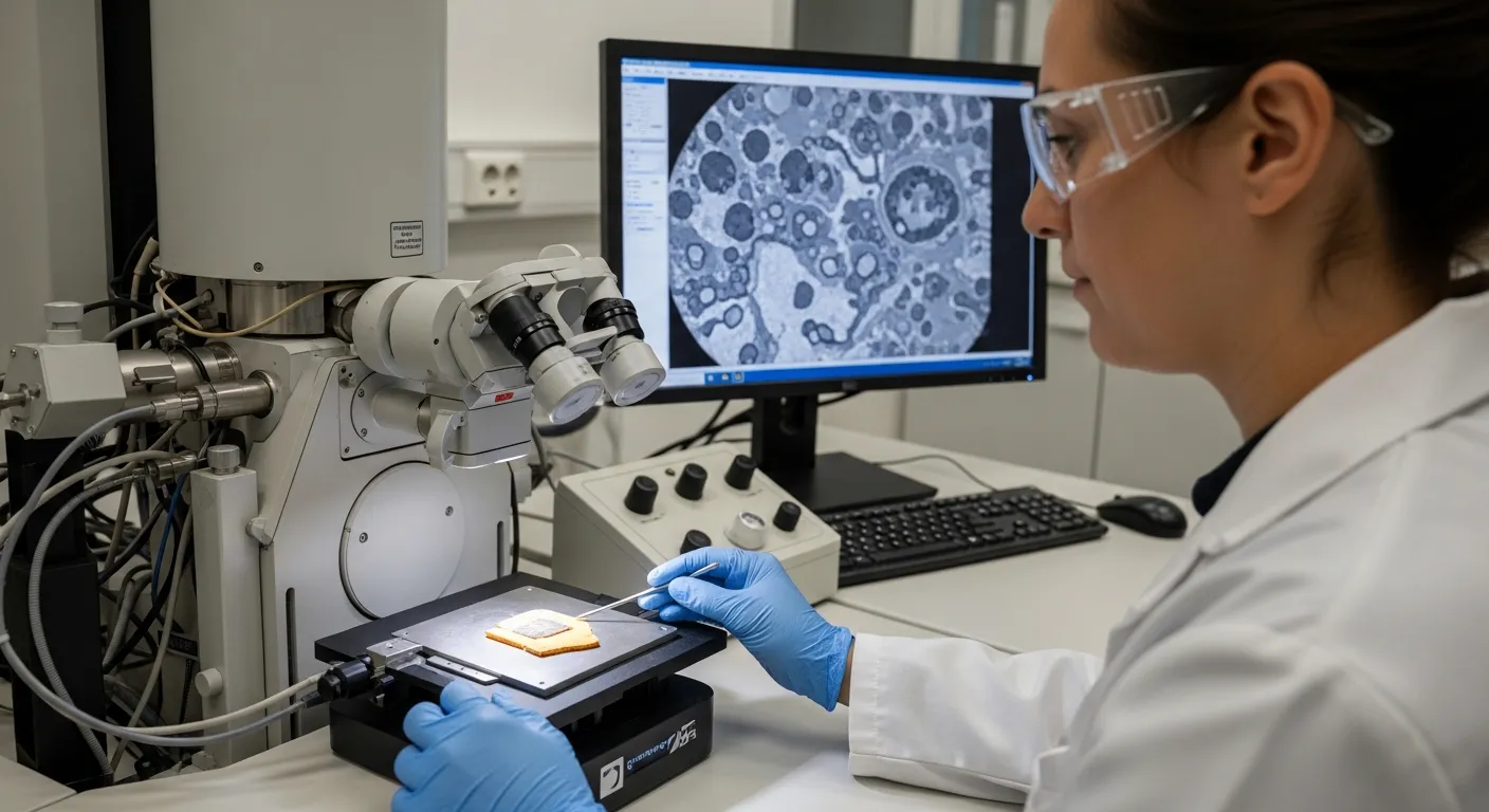 A scientist uses a scanning electron microscope to analyze a pigment sample.