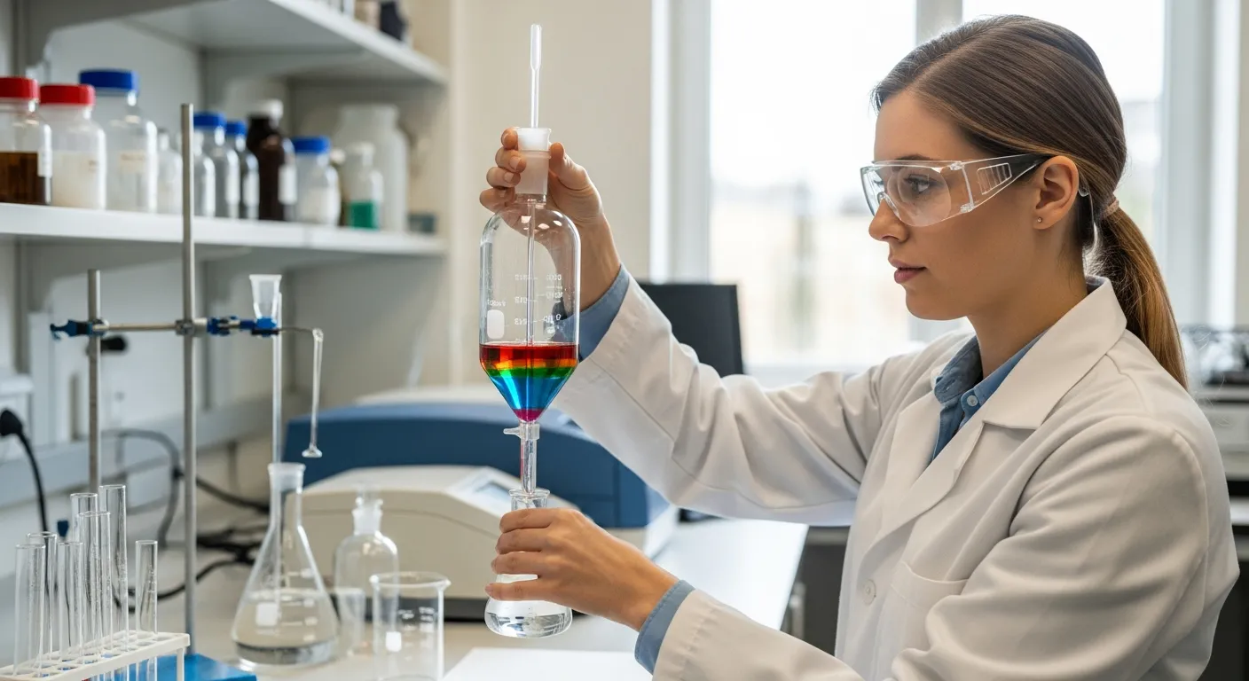 A woman chemist performs solvent extraction to analyze historical pigments in a lab.