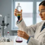 A woman performs solvent extraction in a chemistry lab.