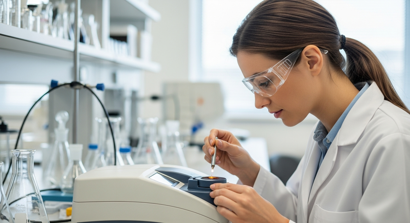 A woman analyzes a pigment sample using a spectrophotometer in a lab.