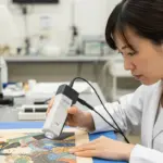 A woman analyzes a Japanese woodblock print with scientific equipment.