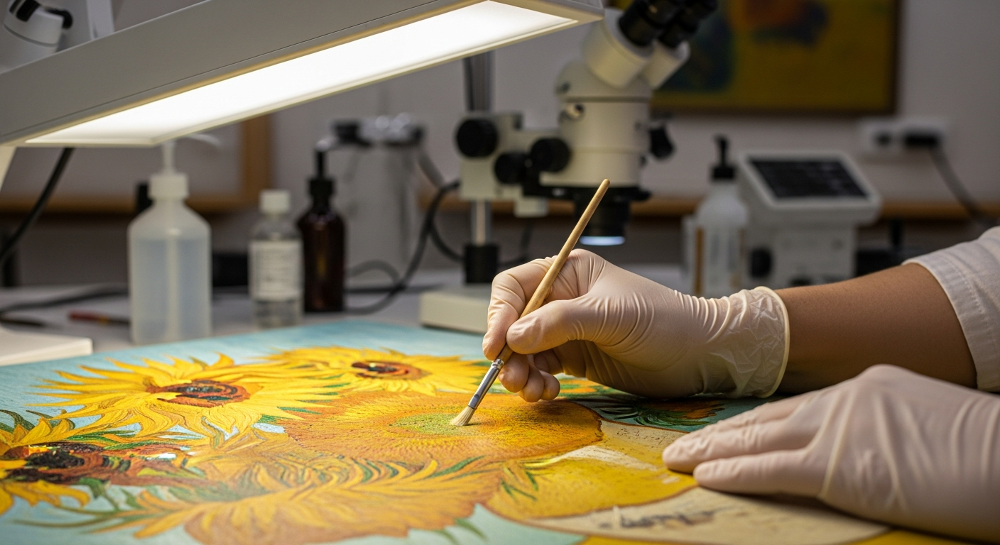 A conservator cleans a Van Gogh painting in a lab.