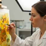 A woman is restoring a Van Gogh painting in a lab.