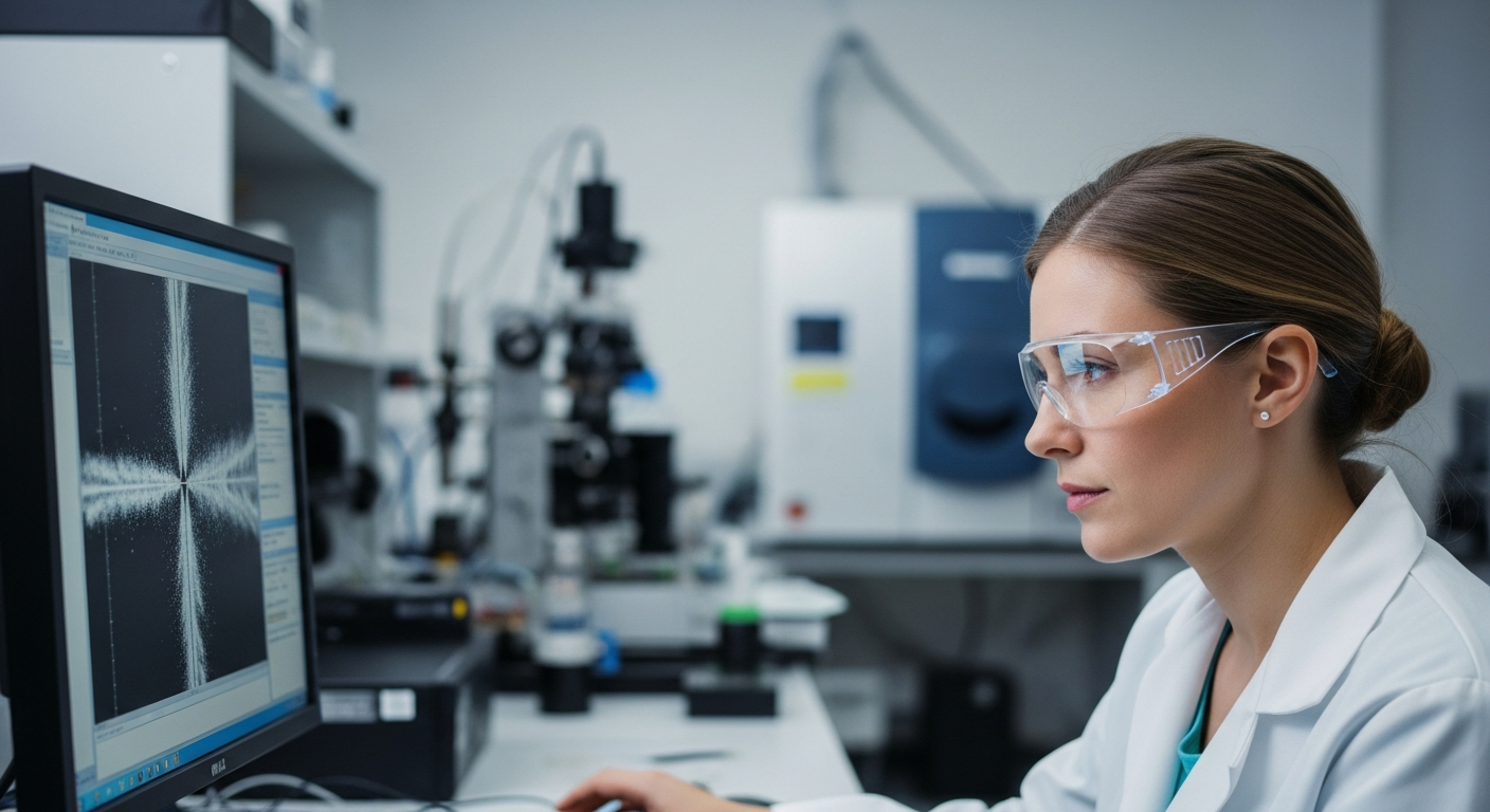 A female scientist analyzes an X-ray diffraction pattern in a lab.