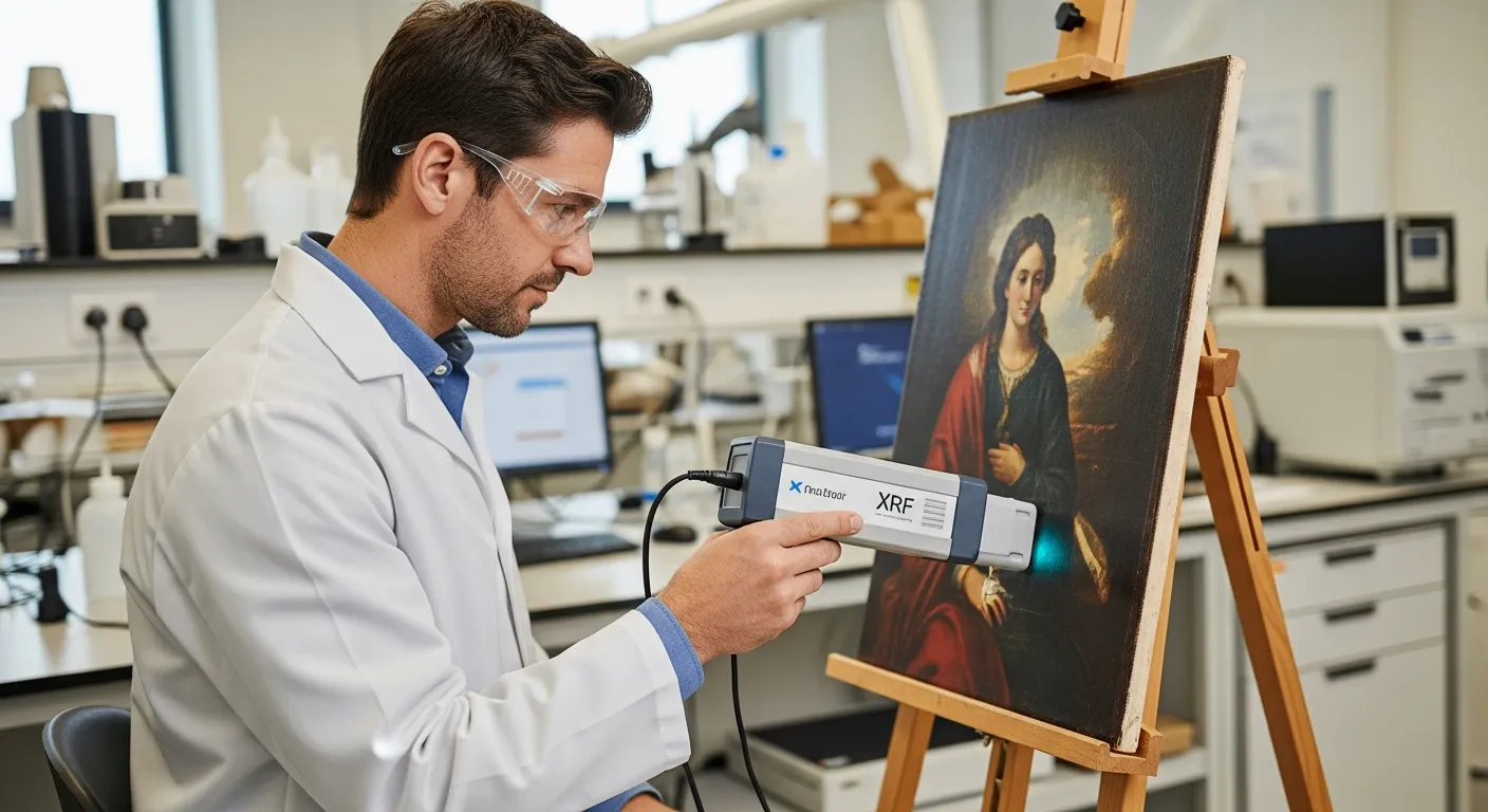 A scientist analyzes a painting with an X-ray fluorescence device in a lab.
