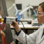 A woman uses XRF to analyze a painting.